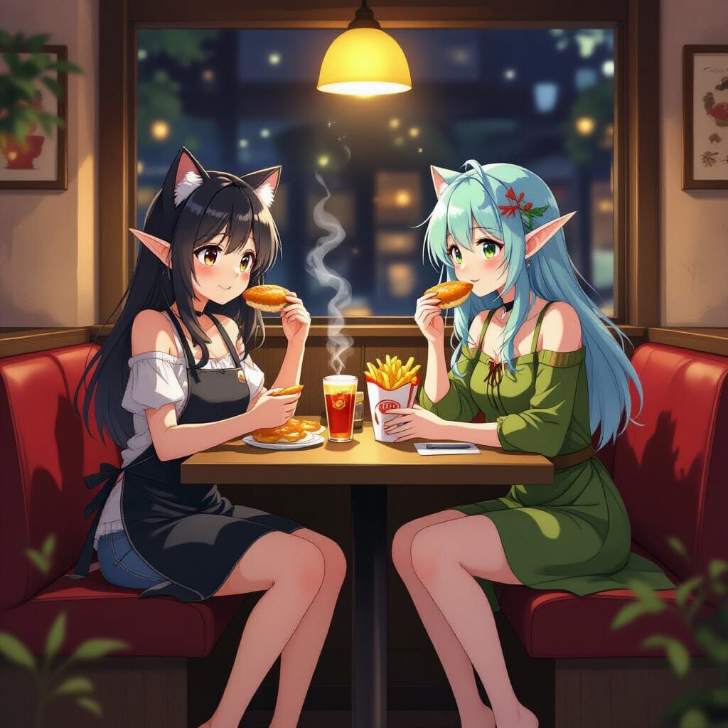 Anime Catgirl and Elf Enjoying Fish and Chips