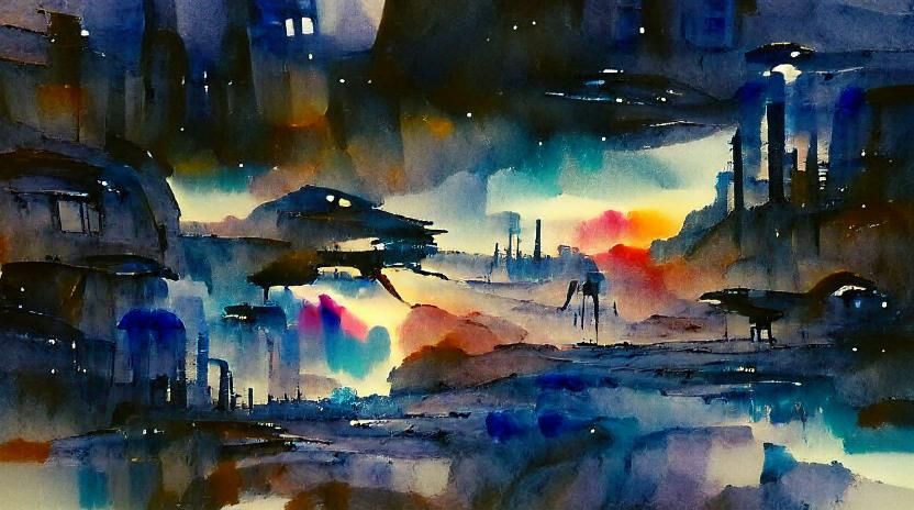 Sci-Fi Scene in Watercolor Style