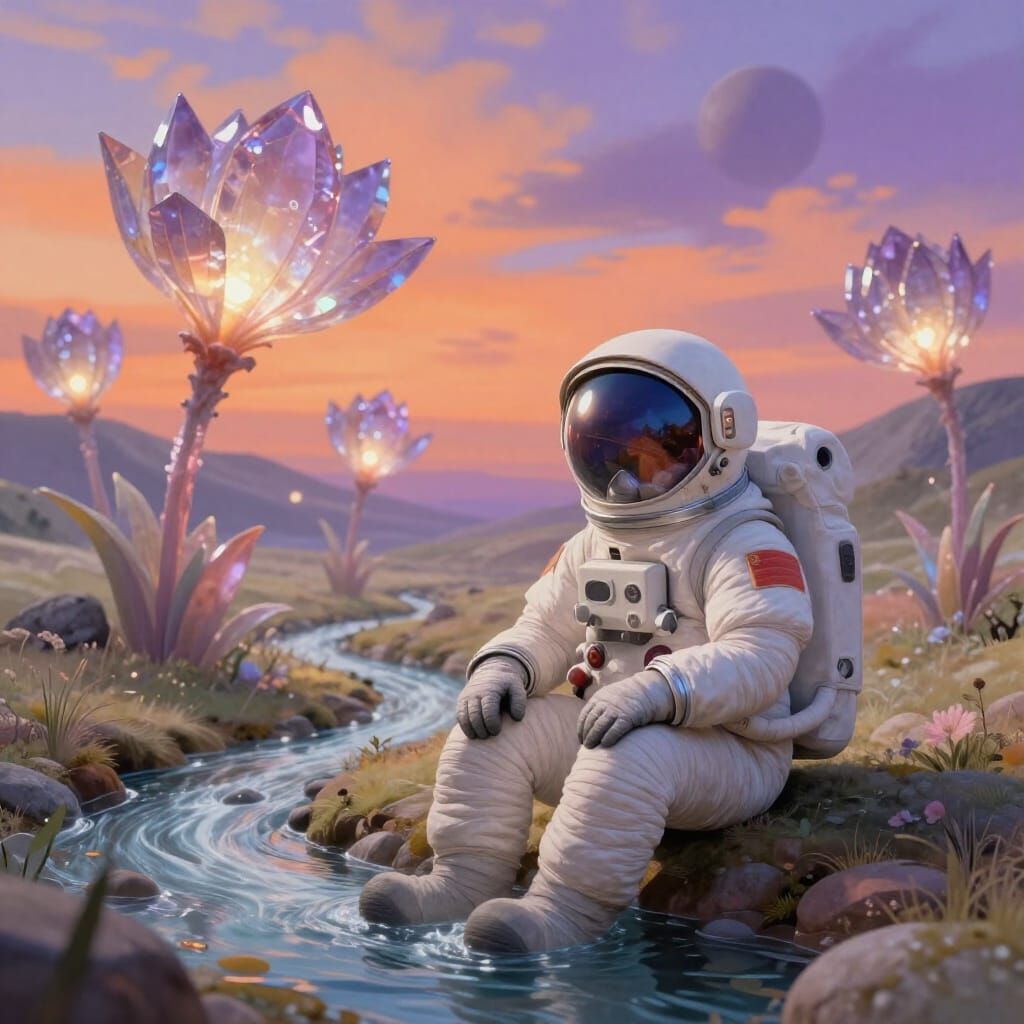 Astronaut on Surreal Alien Planet with Crystalline Flowers