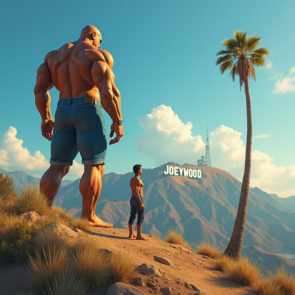 Giant Bodybuilder Gazing at JOEYWOOD Sign in Futuristic Styl...