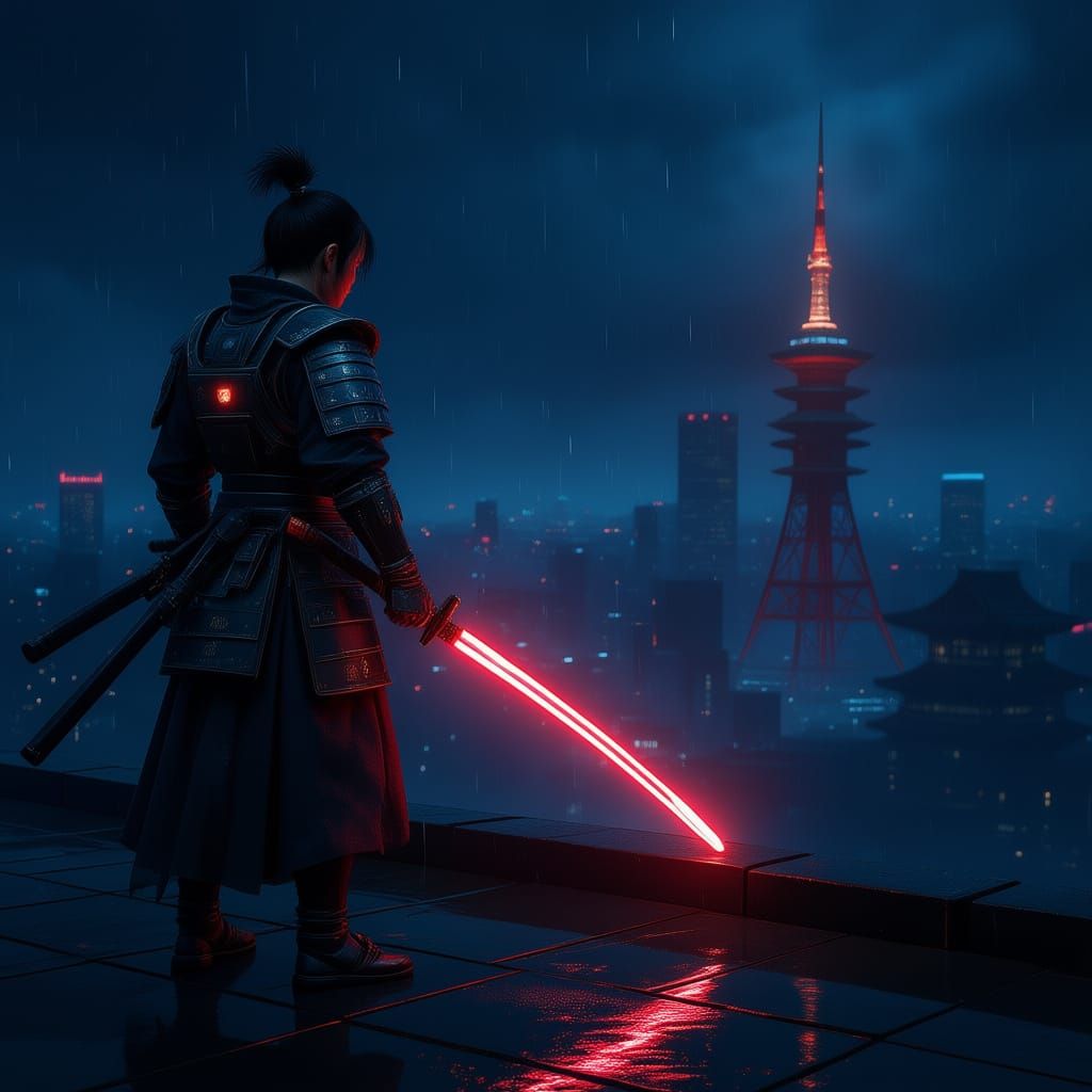 Cyberpunk Samurai Warrior in Neon Metropolis