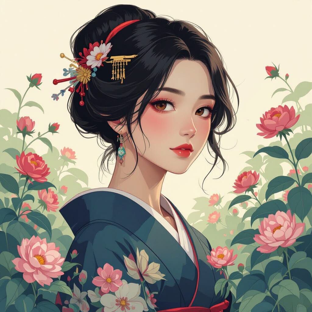 Serene Japanese Woman in Garden, Ukiyo-e Style