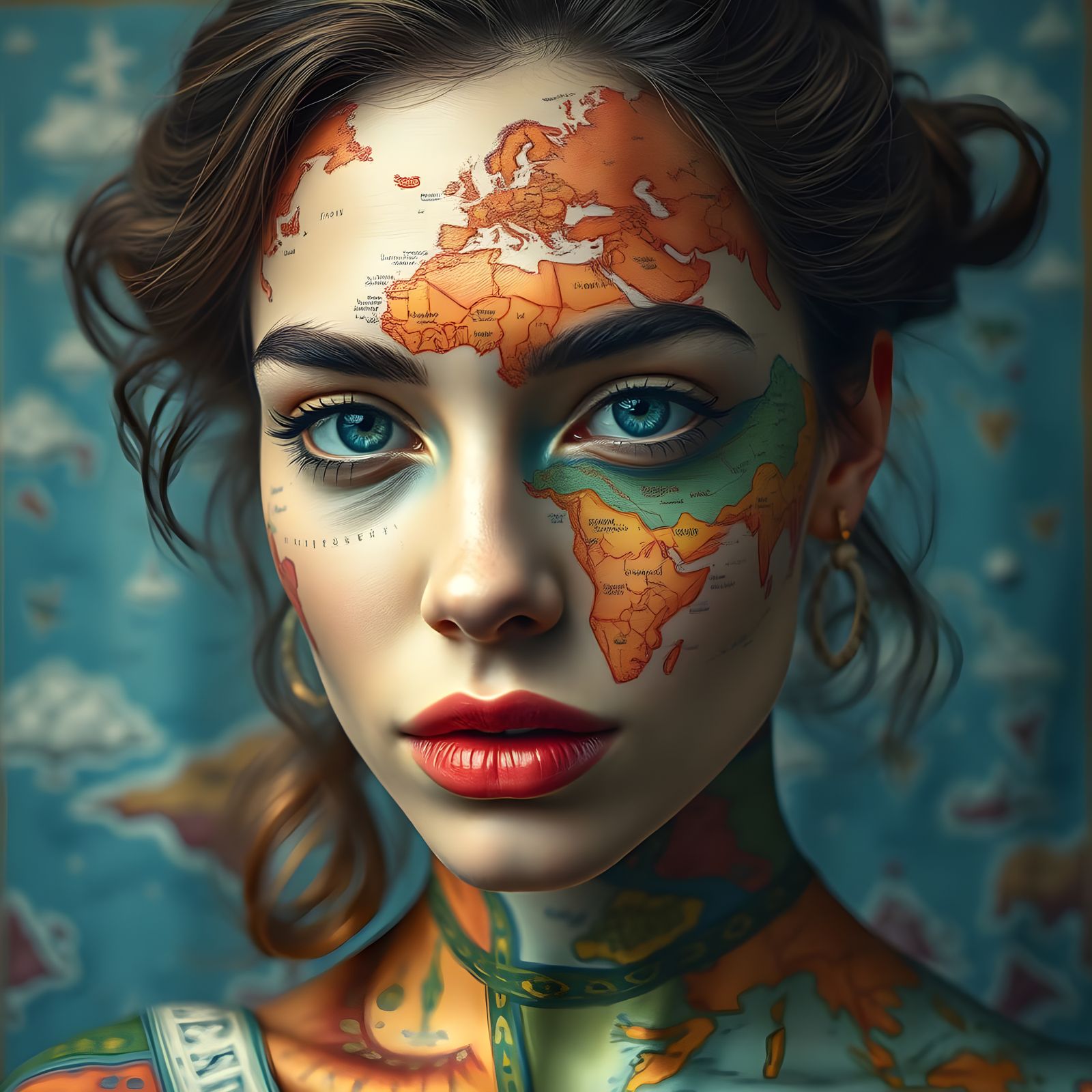 Surreal Portrait of a Map-Adorned Woman