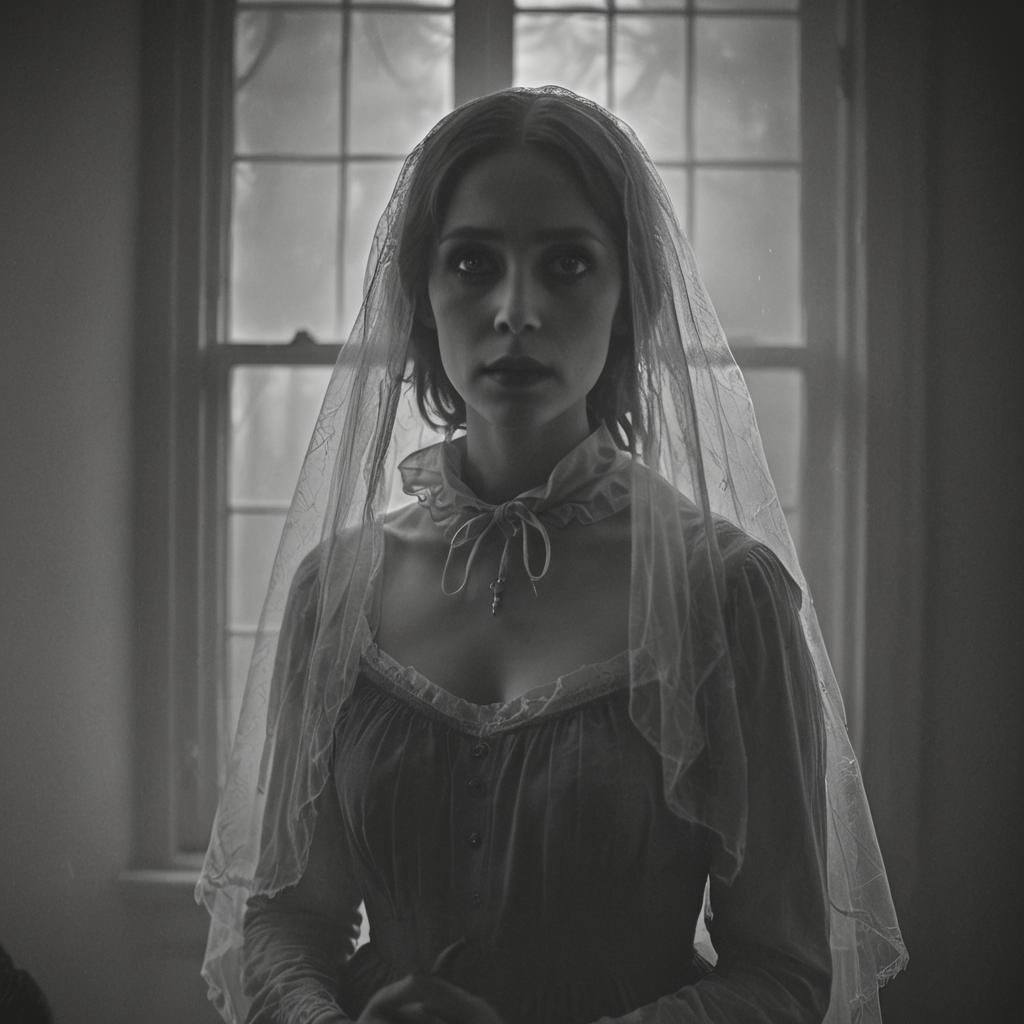 Ethereal Ghost in Window, Dark Romanticism Style