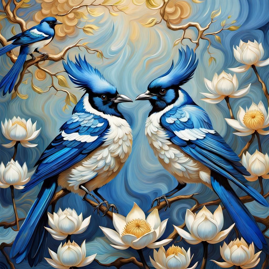 Blue Magpies in Enchanted Lotus Garden: Splash Art