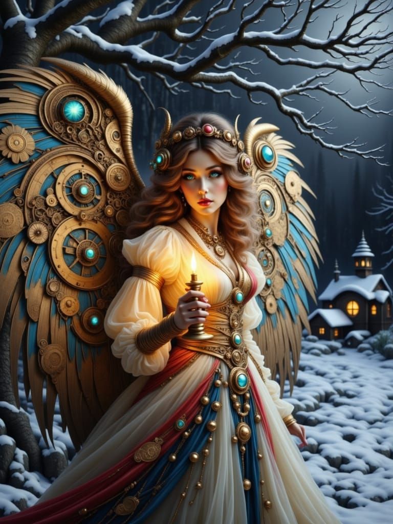 Steam Angel in Snowy Woods with Glowing Candle in Art Nouvea...