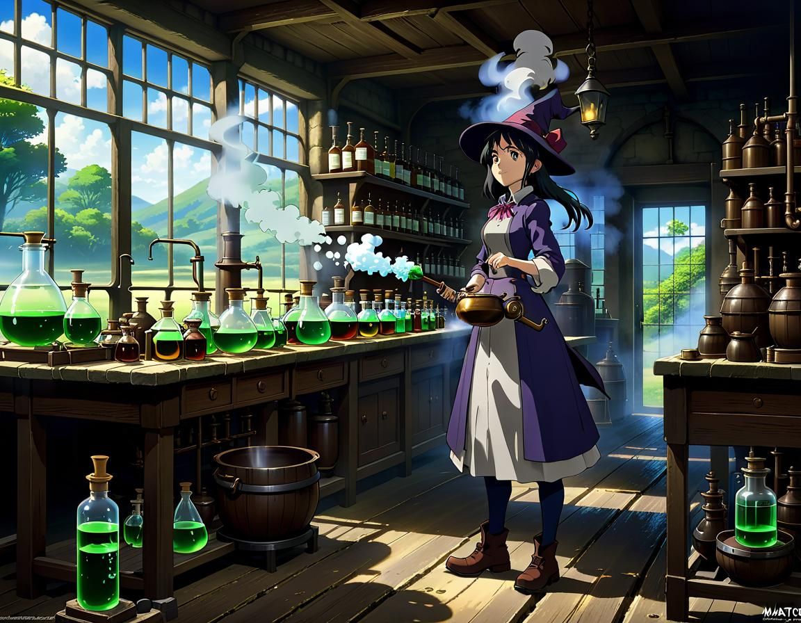 Anime alchemist laboratory cute Japanese witch experimenting with alchemy