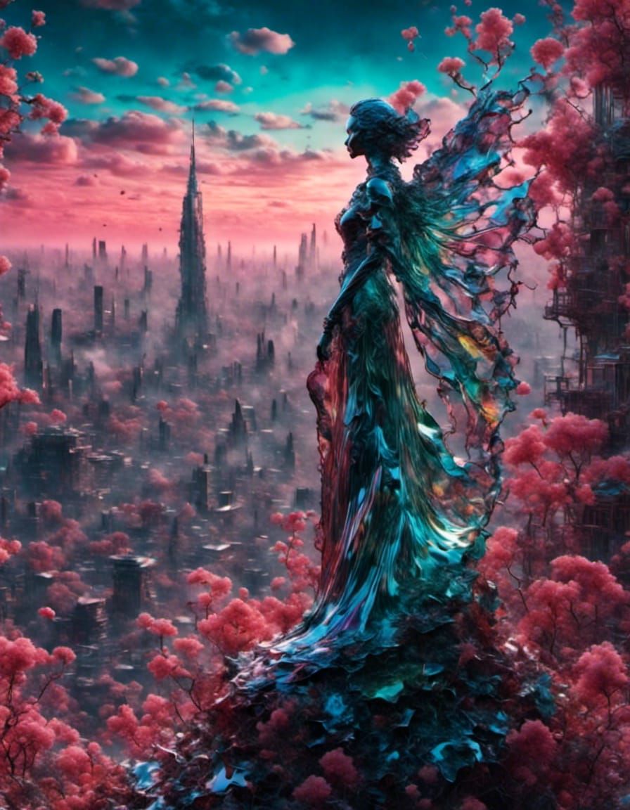 Iridescent Glass Figurine in Synthwave Dreamscape