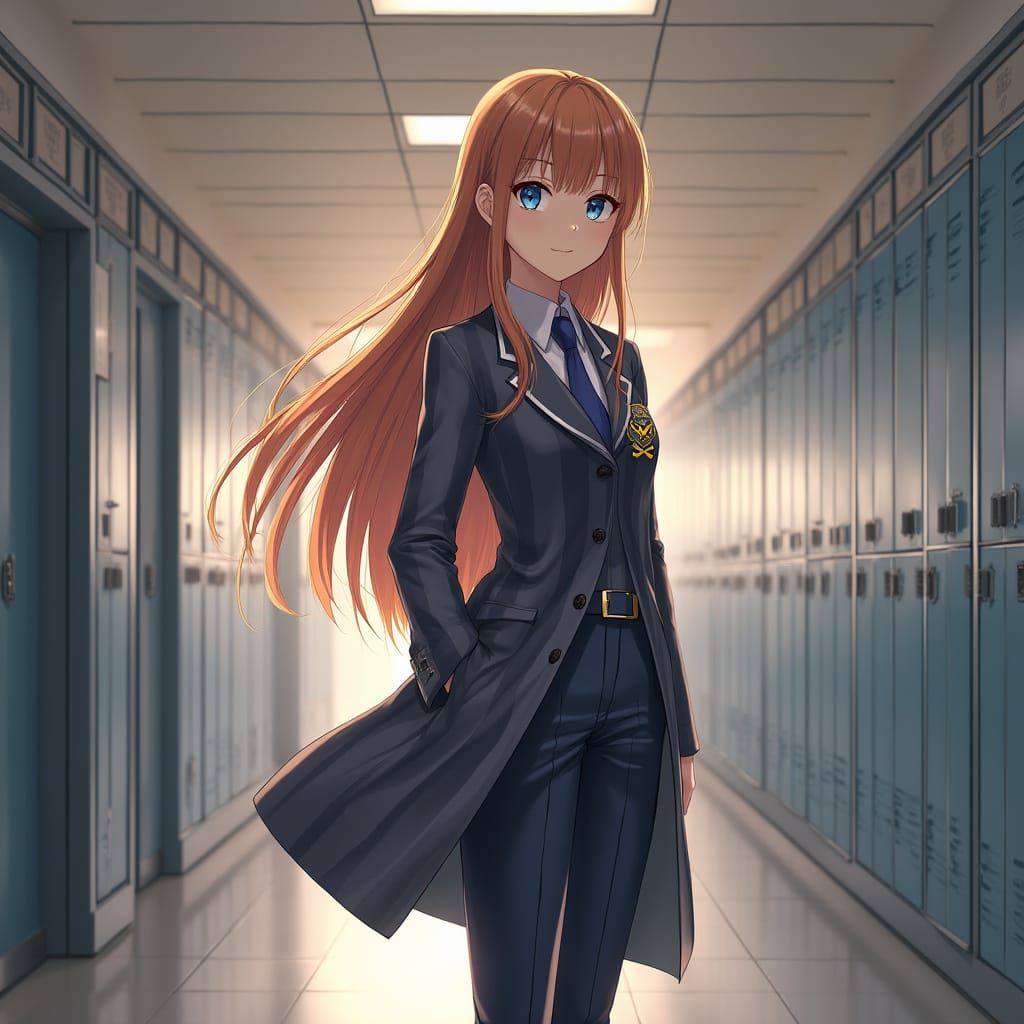 Teen Girl in School Hallway in Anime Style