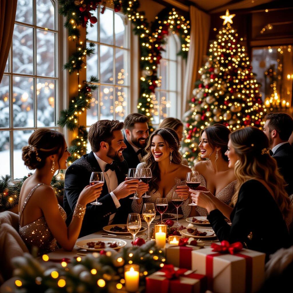 Glamorous Holiday Party Scene with Festive Cheer