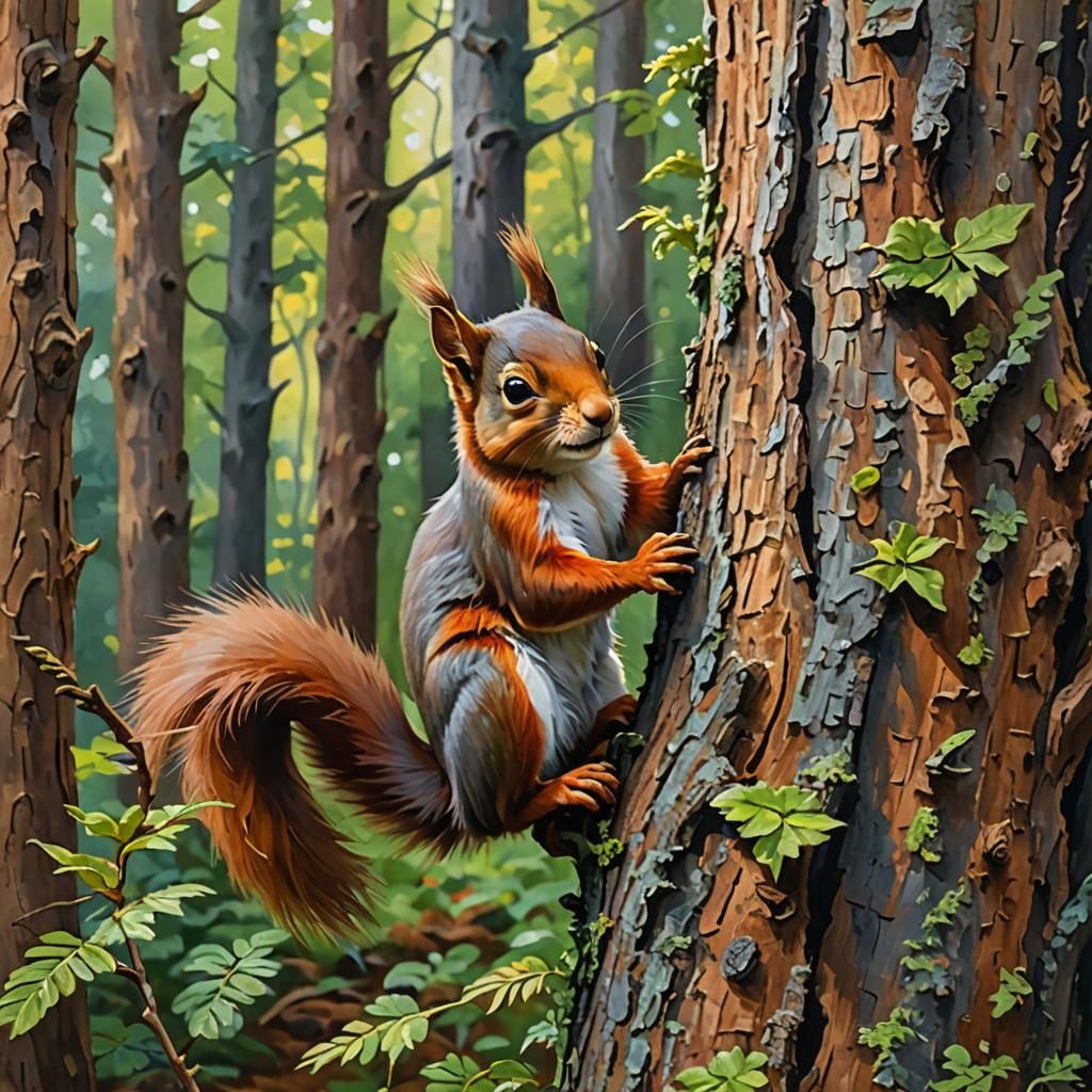Red Squirrel Climbing Tree in Gouache Watercolor Style