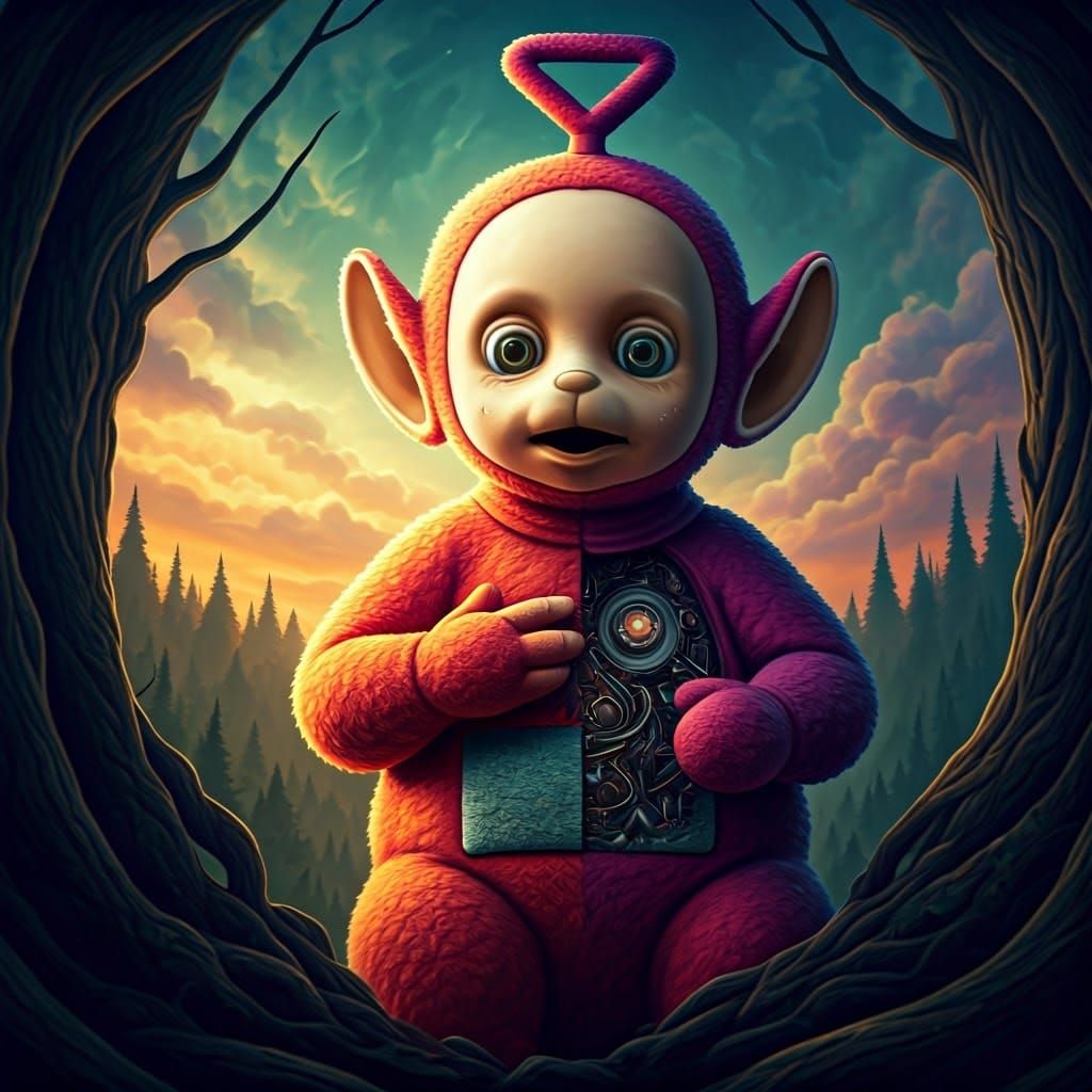 Hyperrealistic Teletubby Exposed in a Dark Fantasy Scene