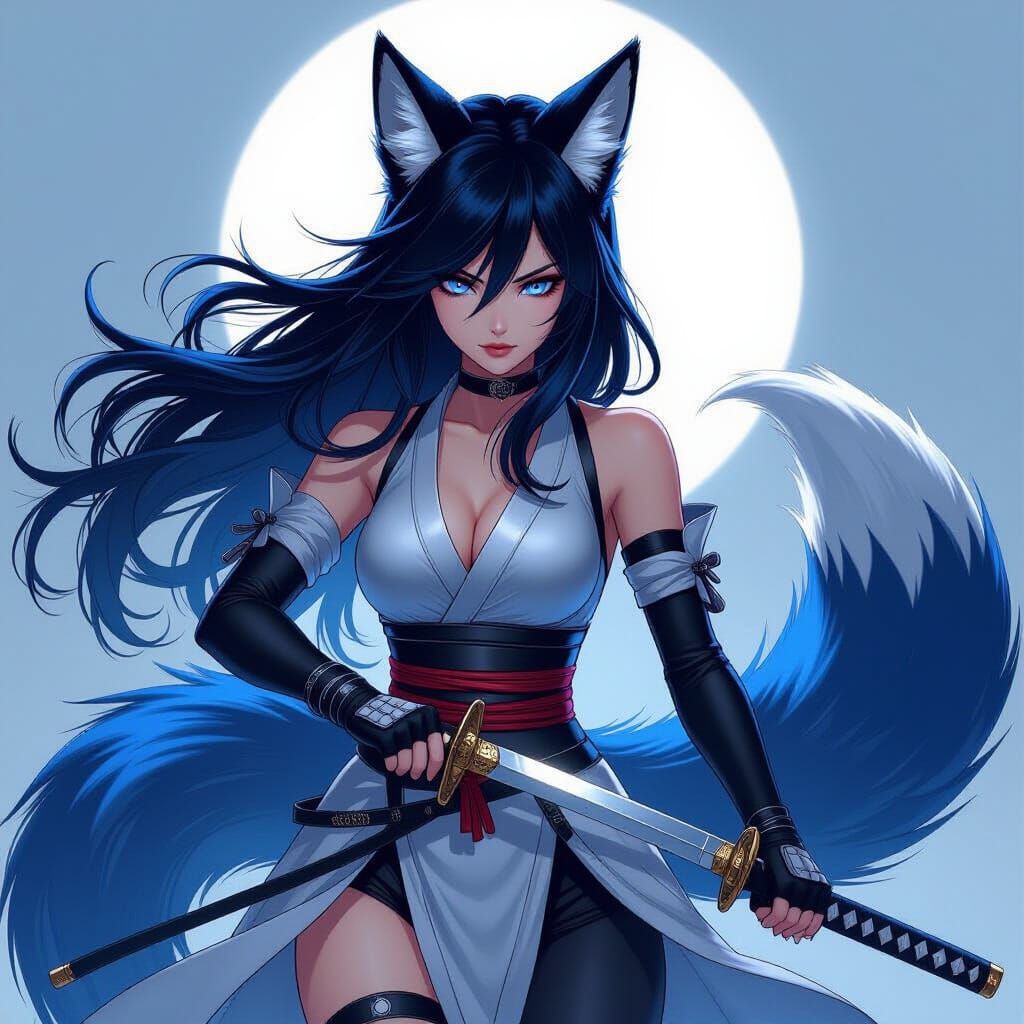 Kitsune Ninja with Katana in Anime Style