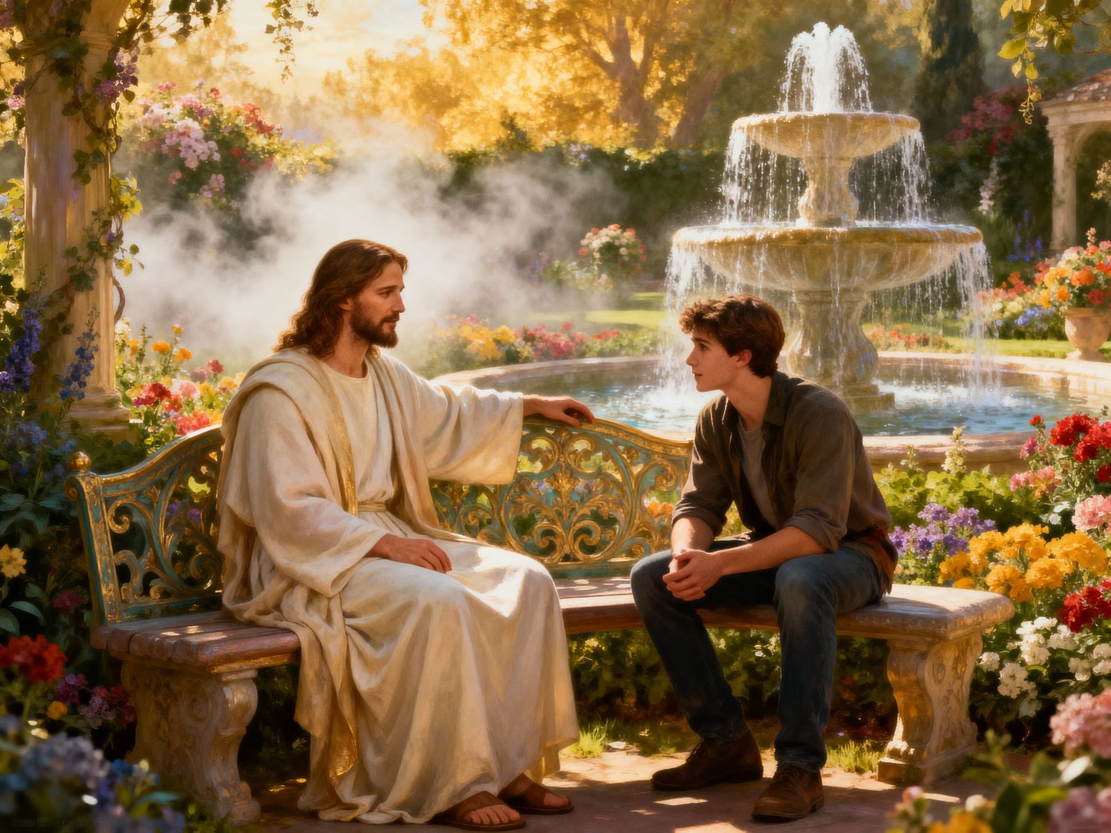 Jesus and Young Man in Ethereal Garden