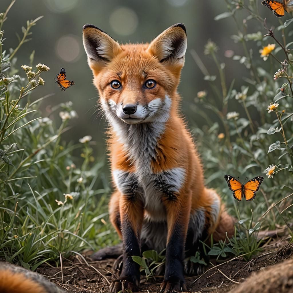 Fox with Butterfly: A Whimsical Wildlife Scene