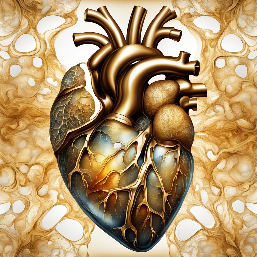 Translucent Gold Anatomical Heart: Watercolor Masterpiece