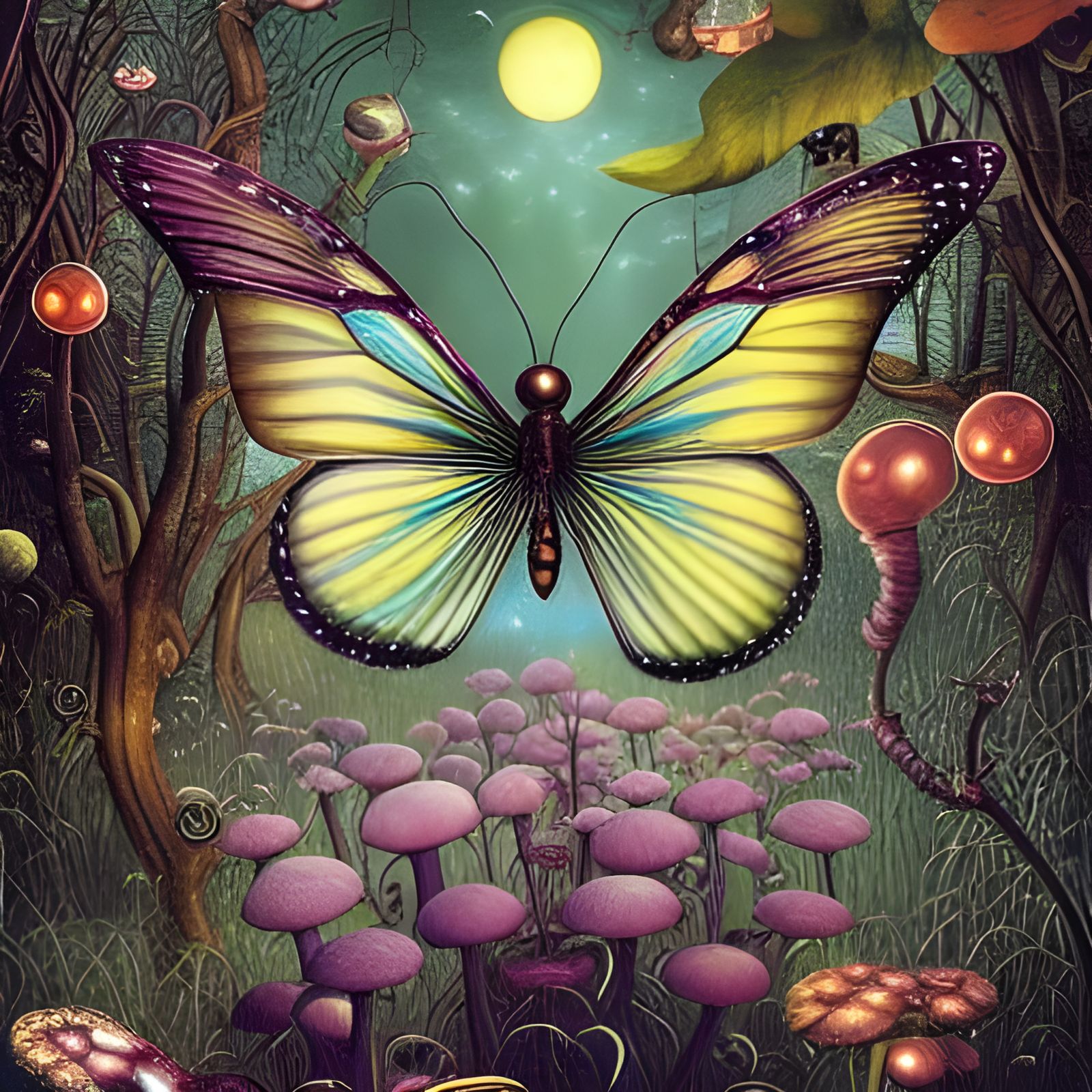 Butterfly in Glowing Night Forest, Surreal Art