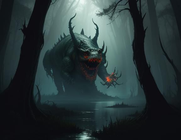 Menacing Bullywug Emerges from Misty Swamp