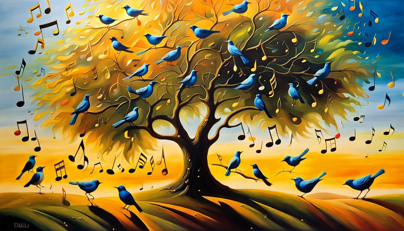 Birds Singing with Musical Notes, Surreal Oil Painting