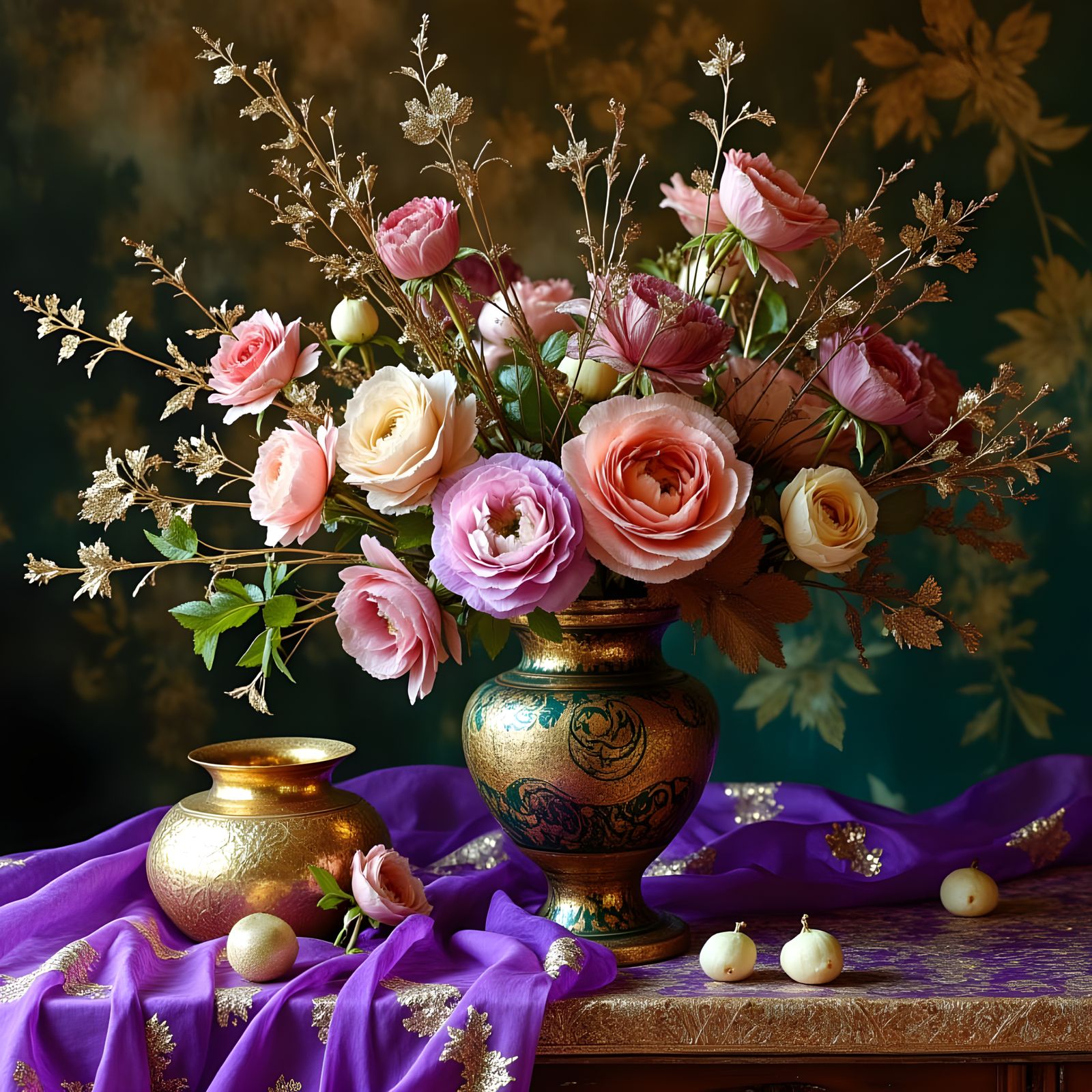 Opulent Still Life with Vase, Book, and Gold Accents