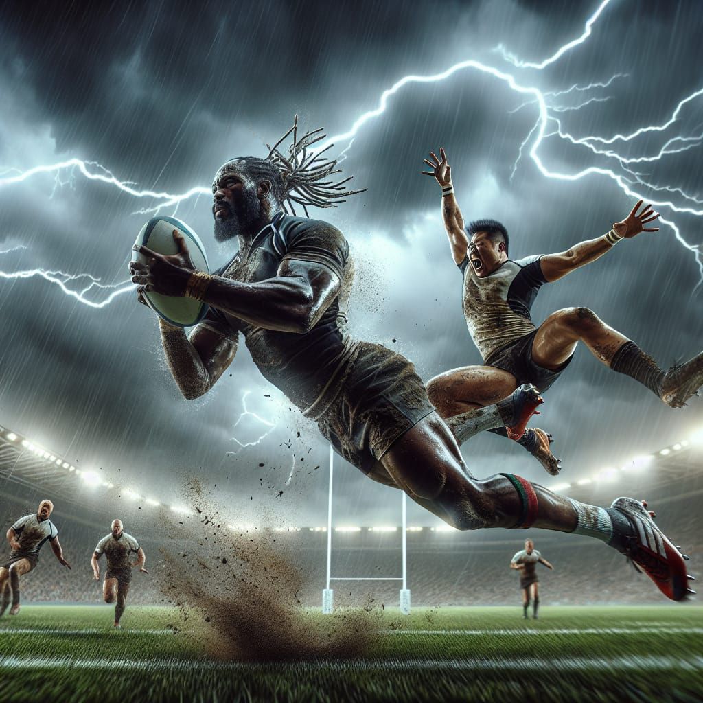 Epic Rugby Match Under Stormy Sky: Digital Matte Painting