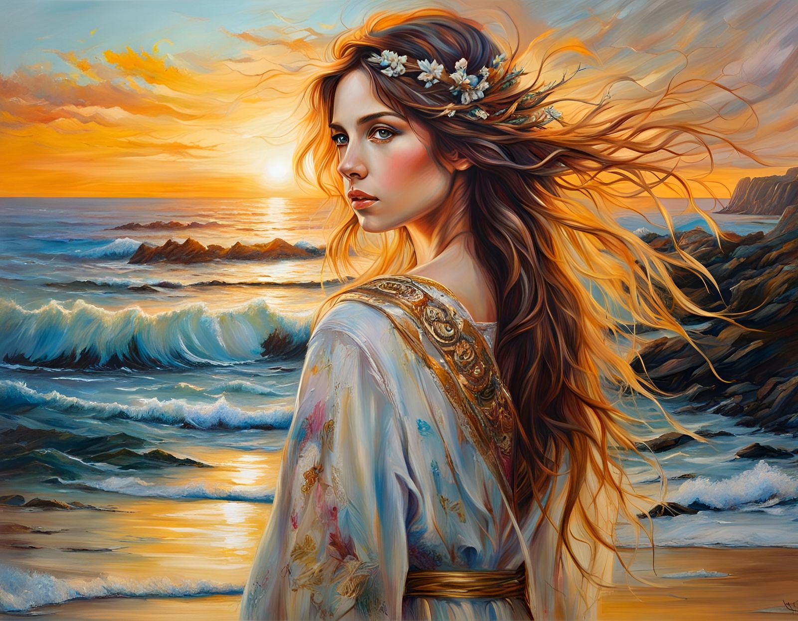 Seashore Sunset: Oil Painting in Fantasycore Style
