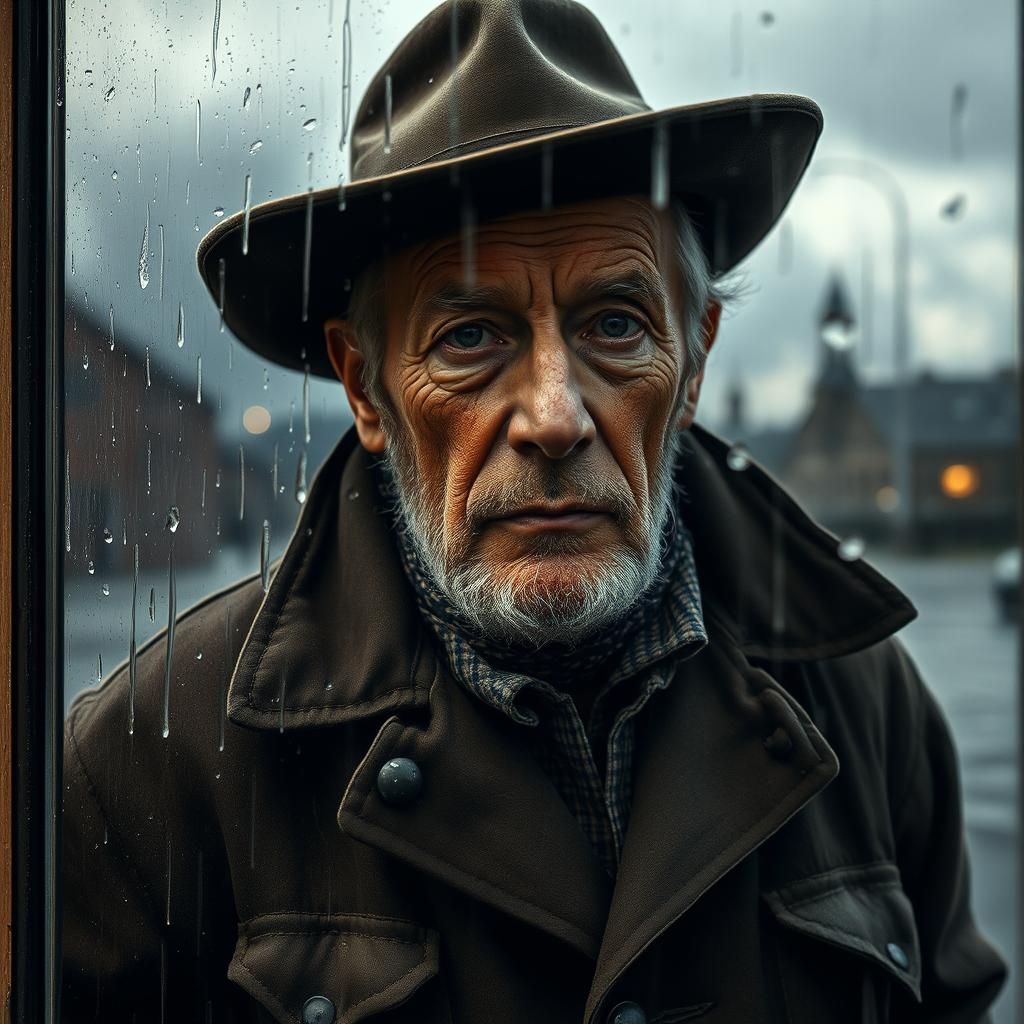Melancholy Man Gazing Through Rain Streaked Window