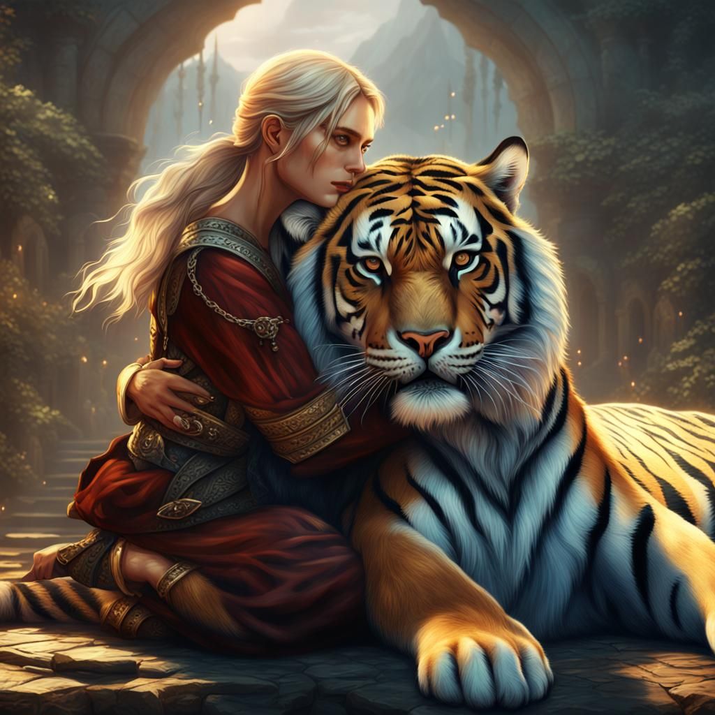 Woman Hugging a Tiger: Detailed Matte Painting