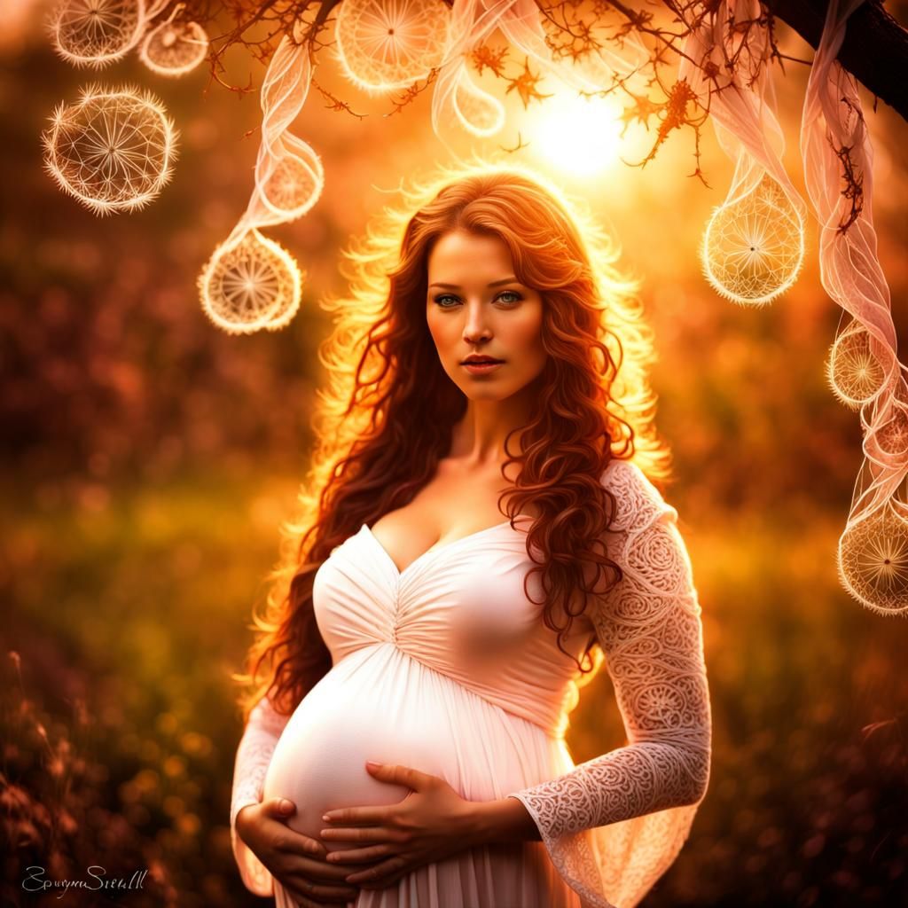 Ethereal Pregnant Nymph in Jungle Sunset: 3D Digital Art