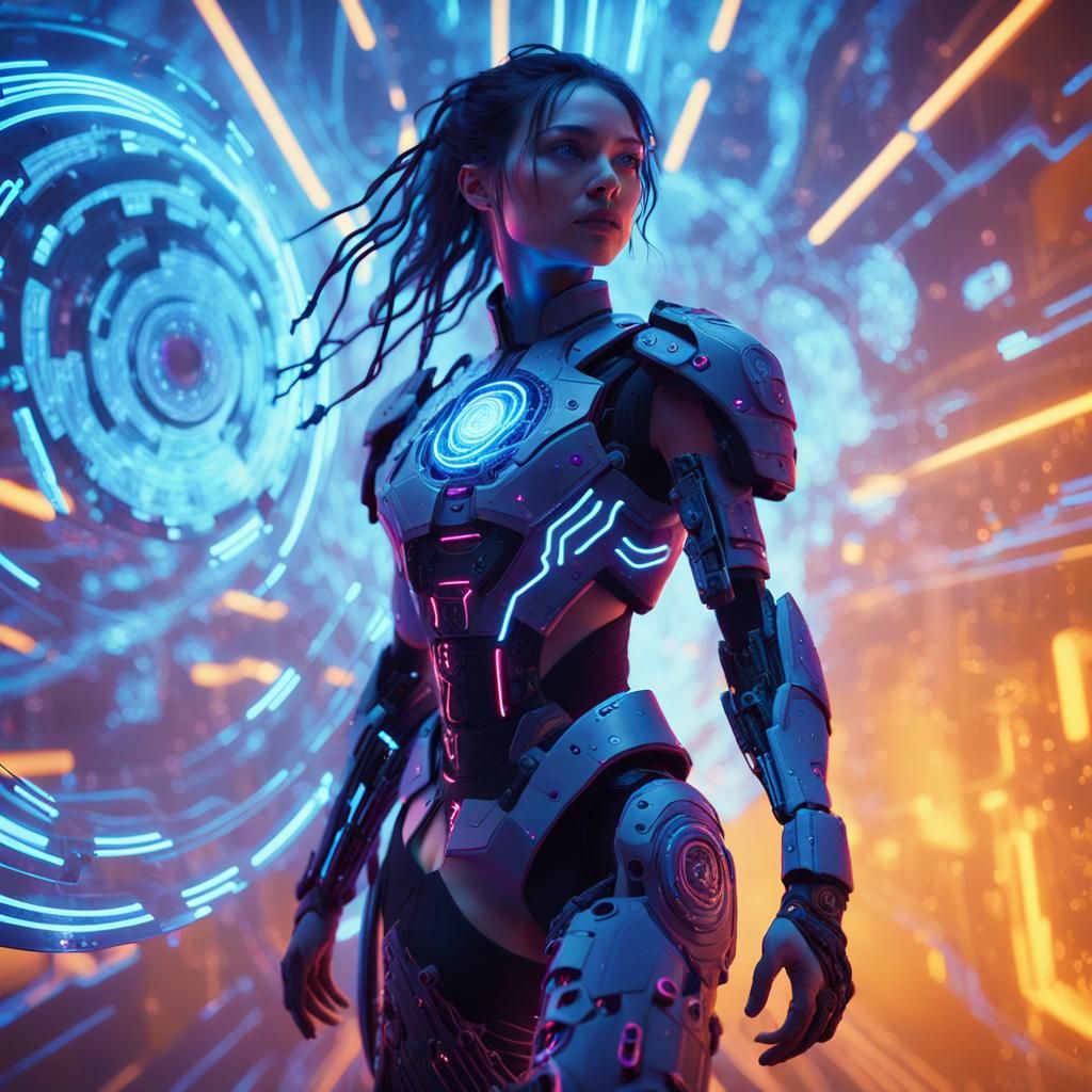 Cyborg Woman's Temporal Vortex Journey: Cyberpunk Film Still