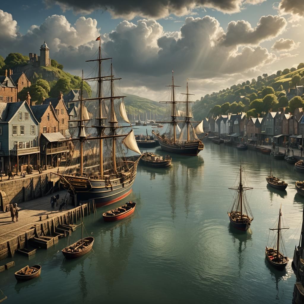 Summer Harbour with Tallship in Dickens Style