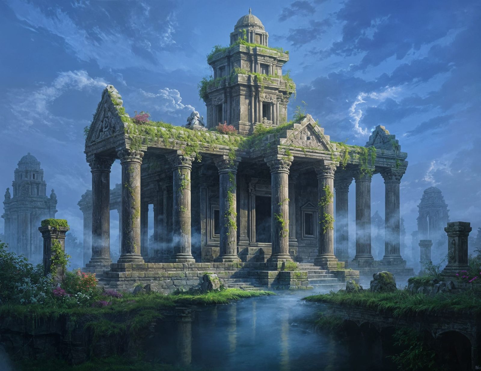 Ancient Temple Overgrown with Flora at Twilight