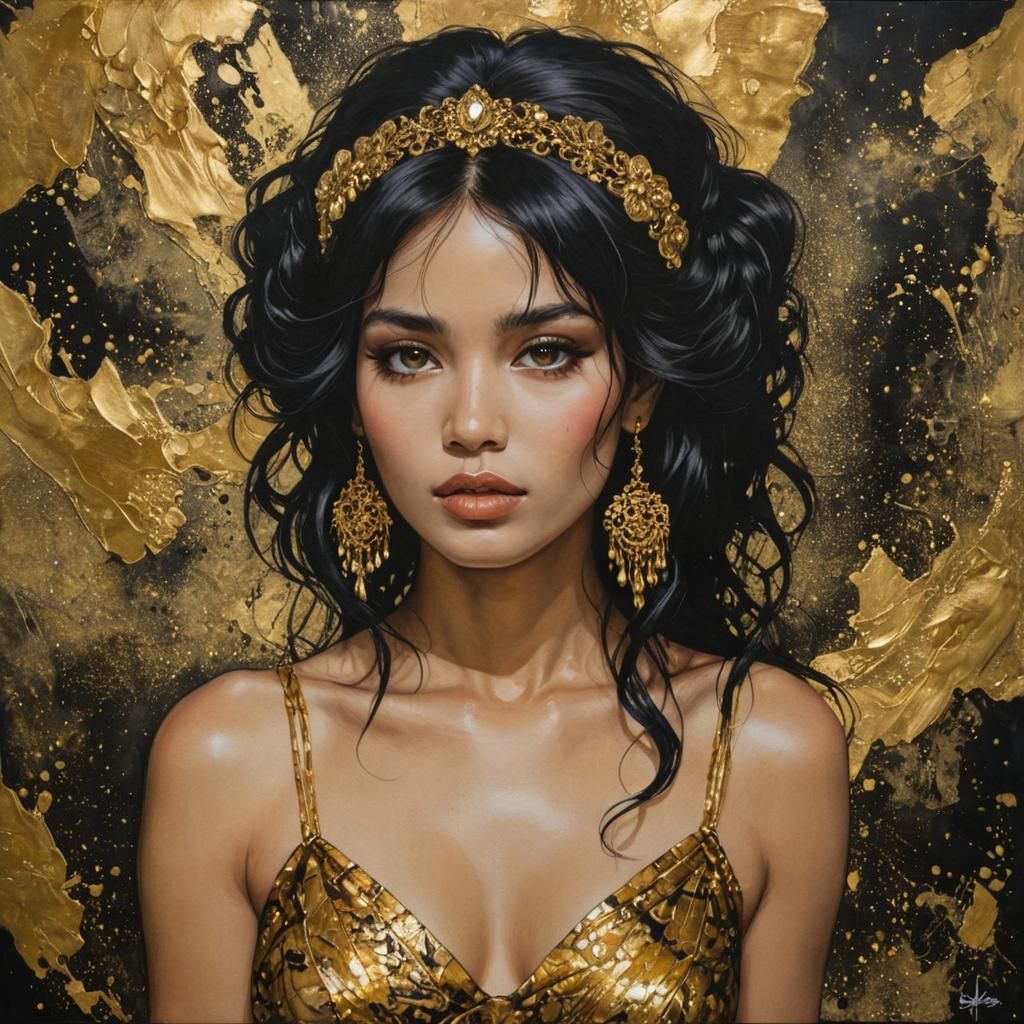 Golden Woman in Black Ink: An Oil Painting Style Portrait