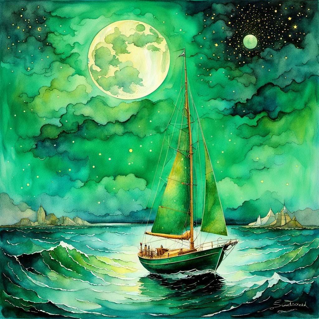 Emerald Sailboat Under Starry Night, Watercolor Style