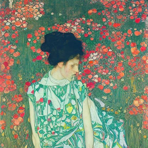 Egon Schiele Inspired Woman Amidst Florescent Flowers
