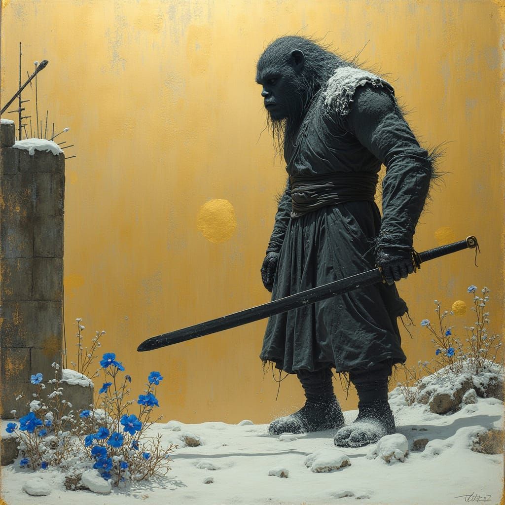 Yeti Ronin Guarding Temple Ruins in Sumi-e Metallurgy