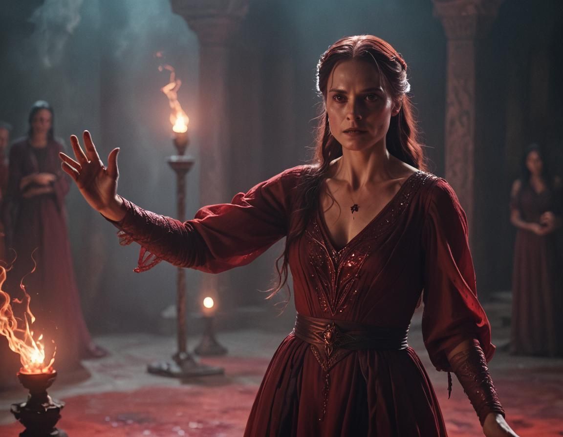 Sorceress in Crimson Dress with Rembrandt Lighting