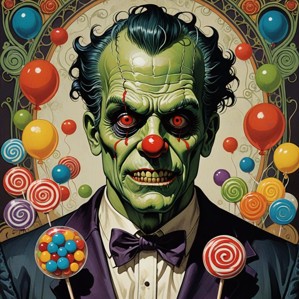 Art Nouveau Frankenstein with Clown Mask and Candy