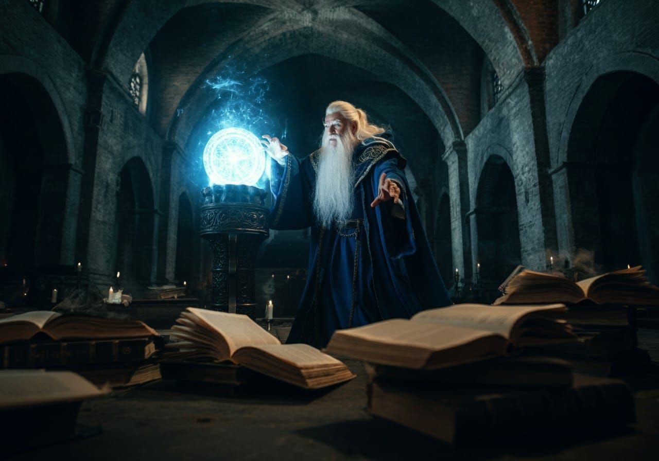 Wizard Casting Spell in Dark Crypt