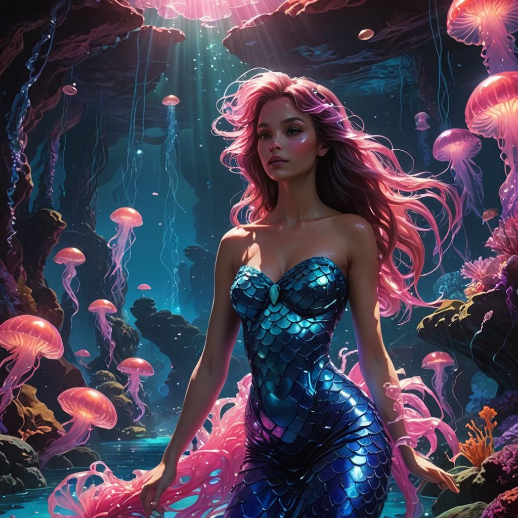 Shimmering 80s Mermaid in Underwater Grotto