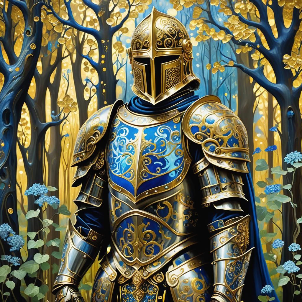 Ornate Knight in Mystical Forest, Klimt-Inspired Style