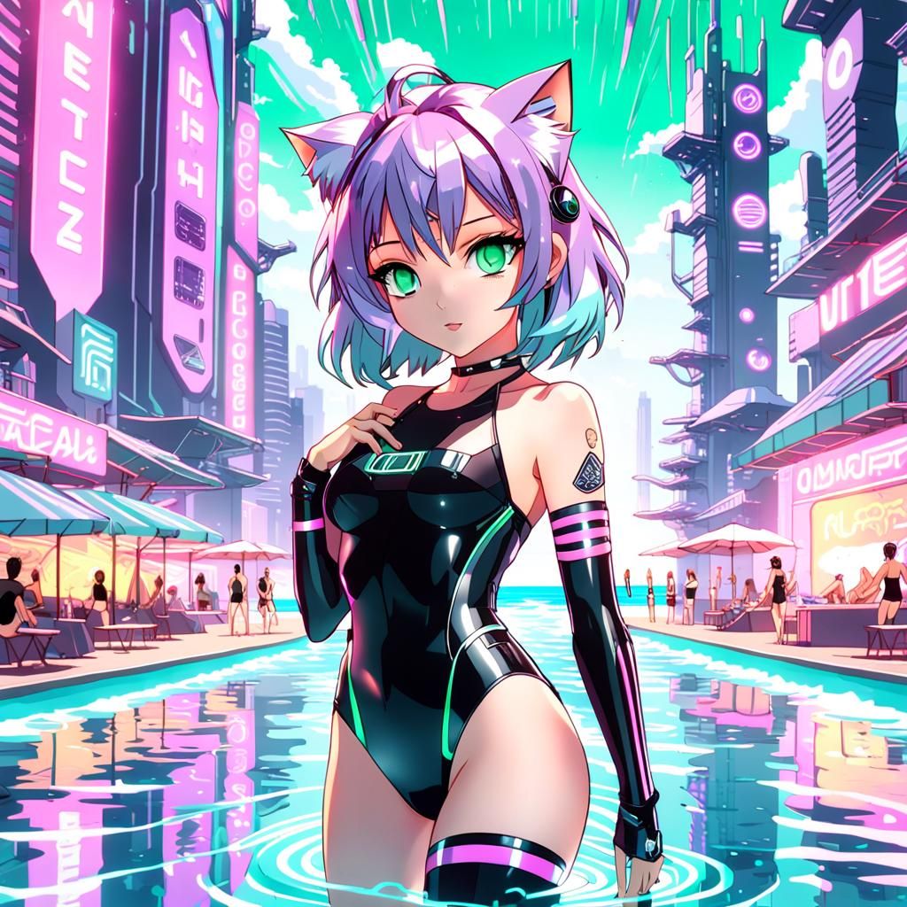 Cyberpunk Kawaii Neko Girl on Futuristic Beach