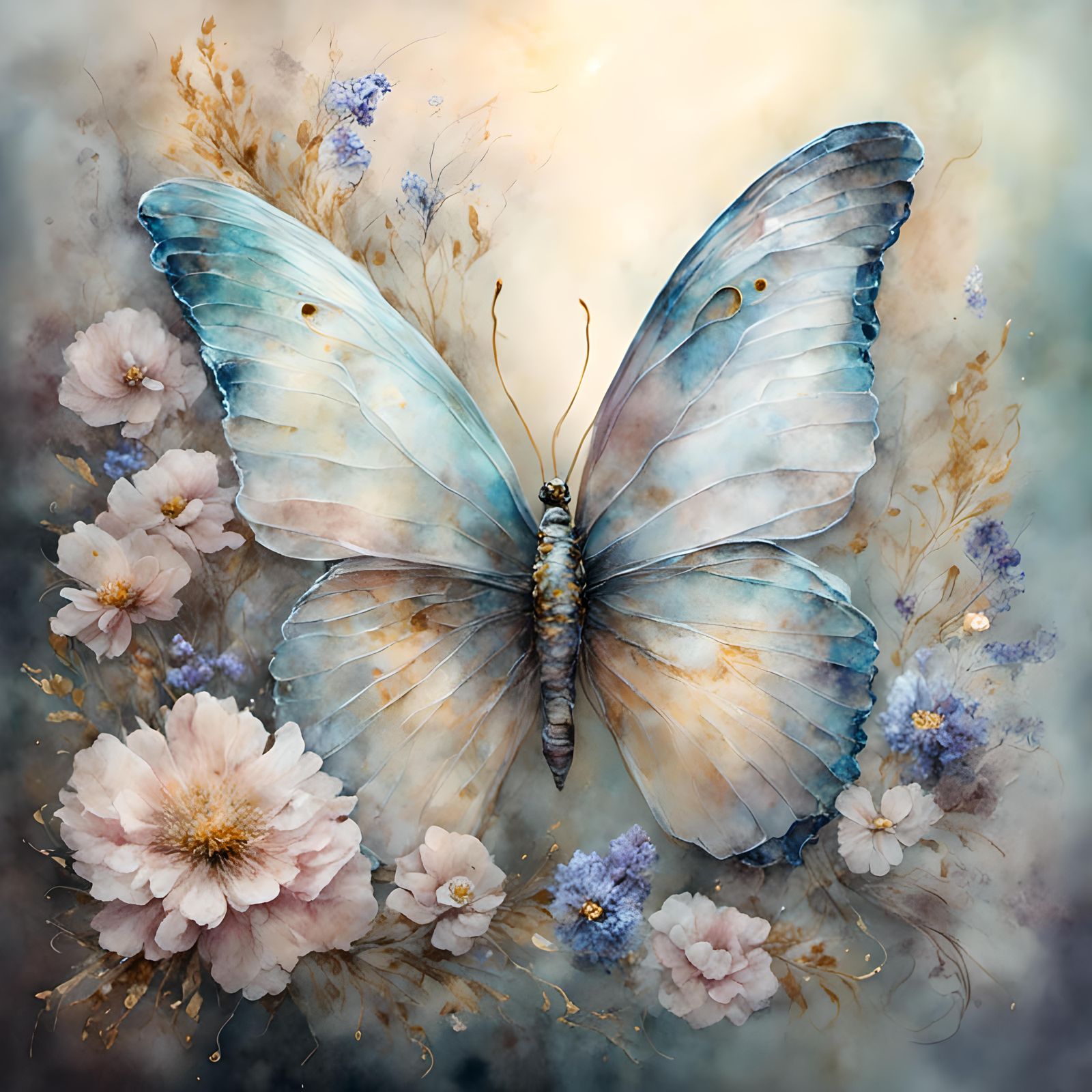 Butterfly and Flower Watercolor Painting with Gold Accents