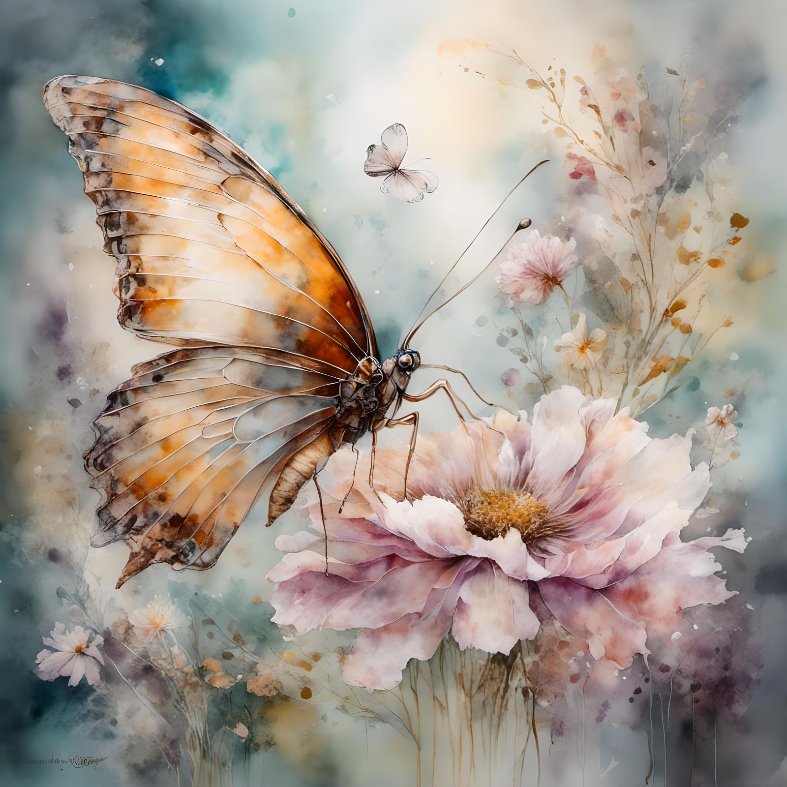 Floral Painting with Butterfly in Watercolor Style