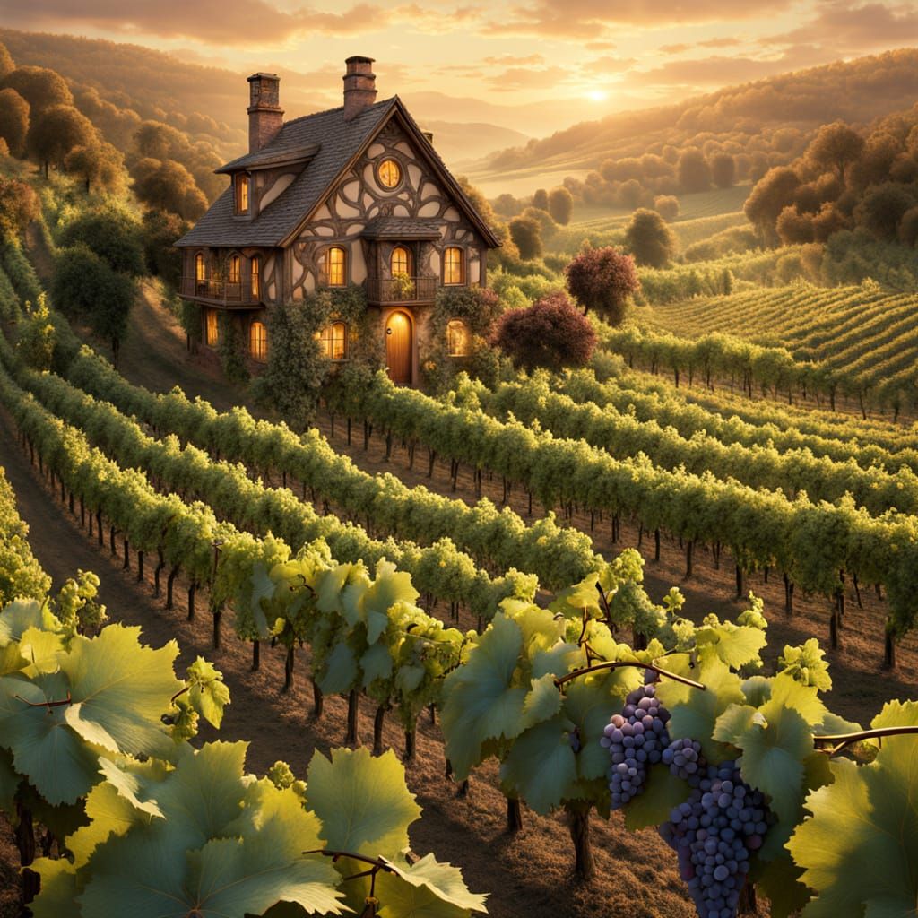 Grape Creatures in a Whimsical Vineyard Scene