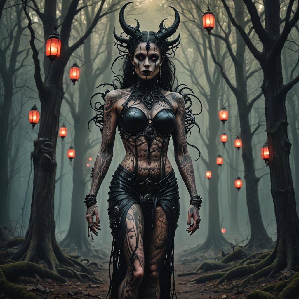 Gothic Demon Woman in Mystical Forest: Dark Fantasy Art