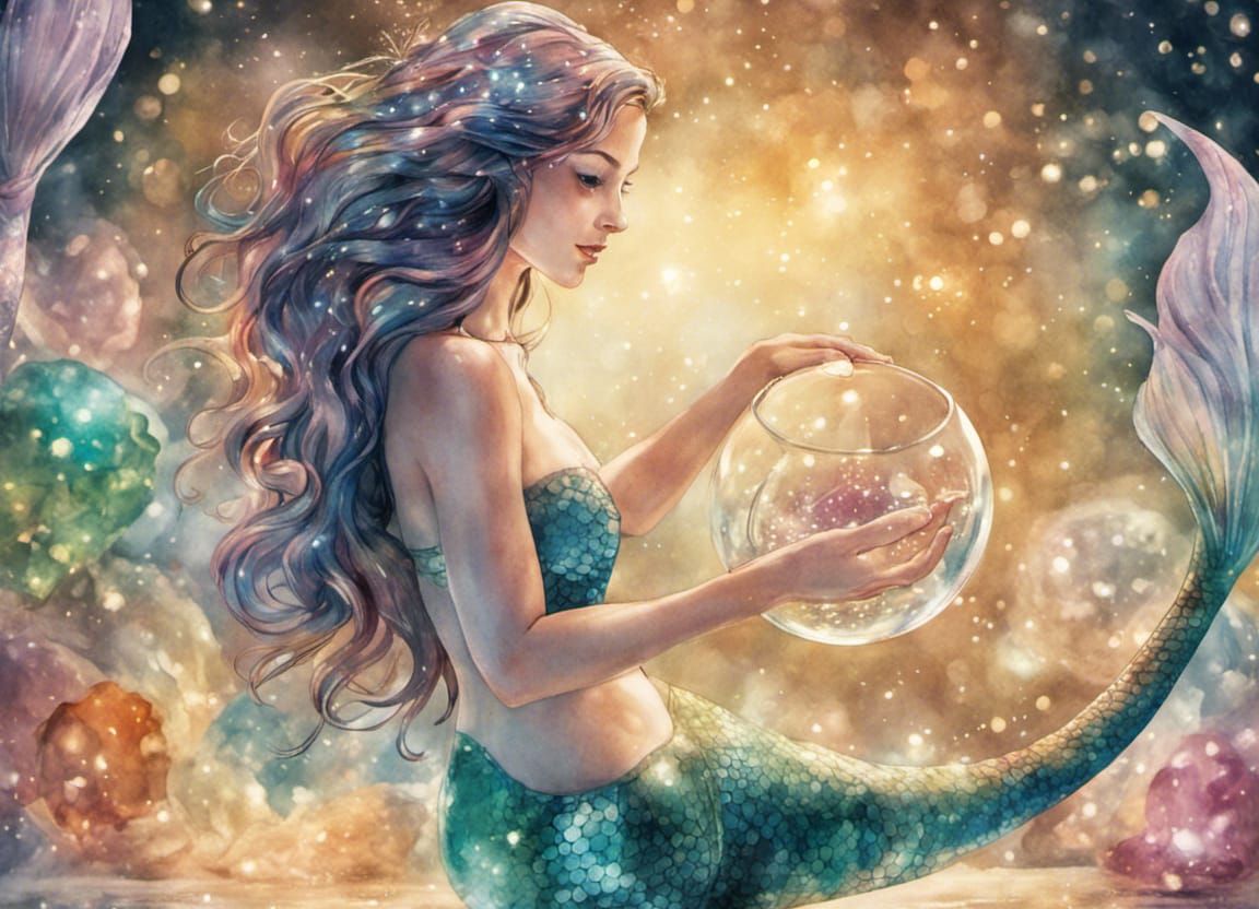 Glittering Mermaid Portrait in Watercolor Style
