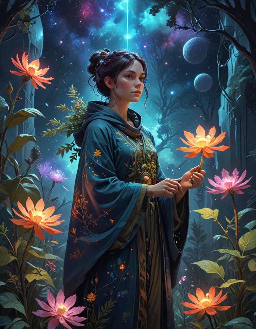 Cosmic Herbalist Tending Glowing Nebula Garden