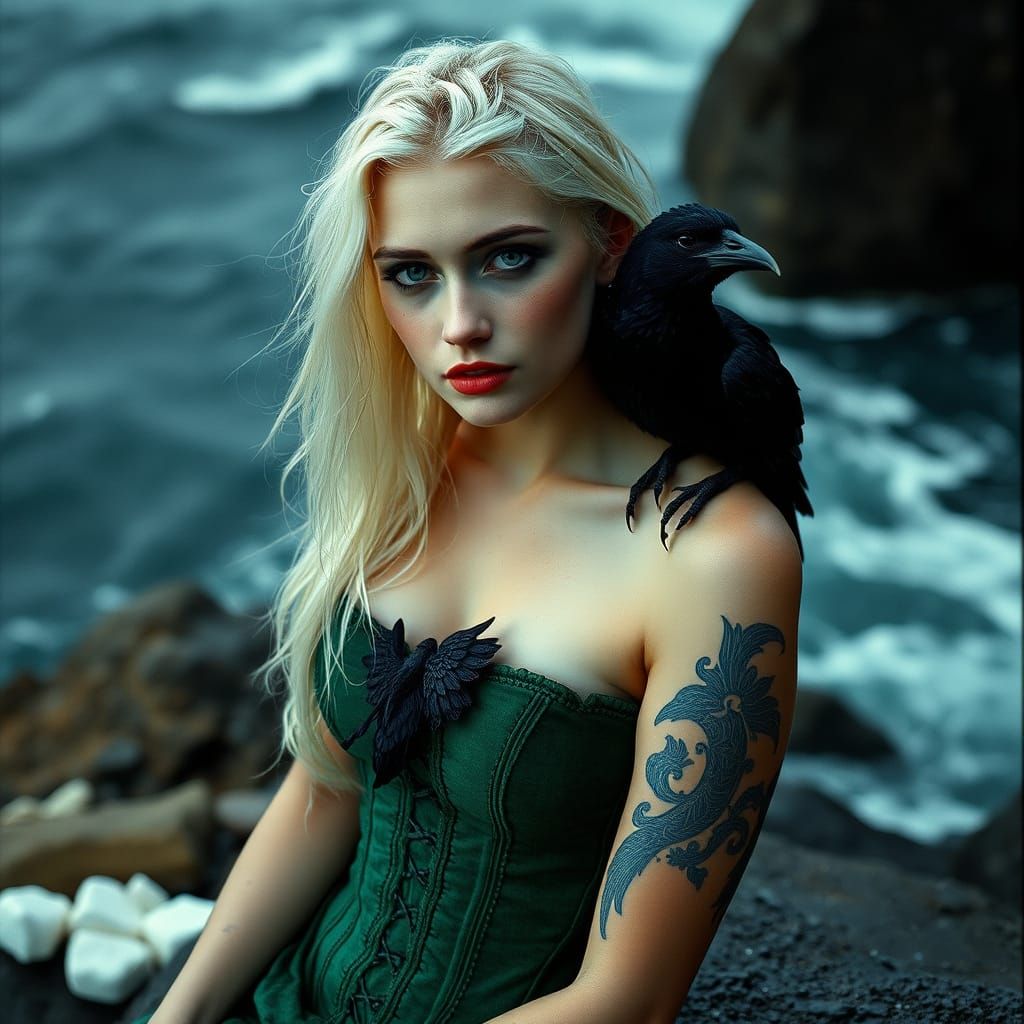 Scottish Witch with Raven, Mystical Sea Portrait