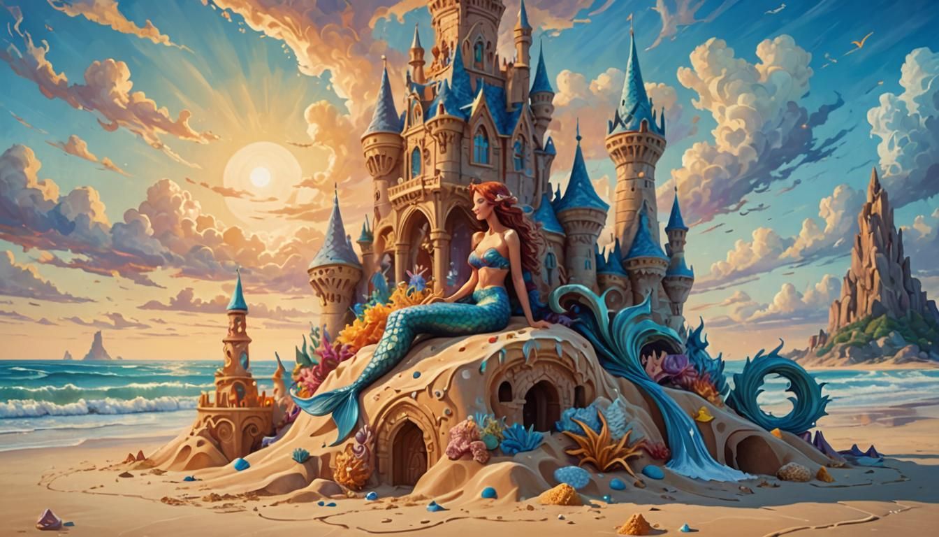Mermaid on Surreal Sandcastle: Digital Matte Painting